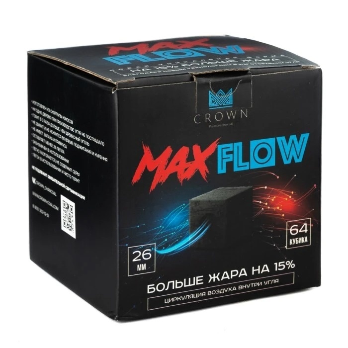 Уголь для кальяна CROWN MAX FLOW размер 26 мм, 64 кубика фото 1